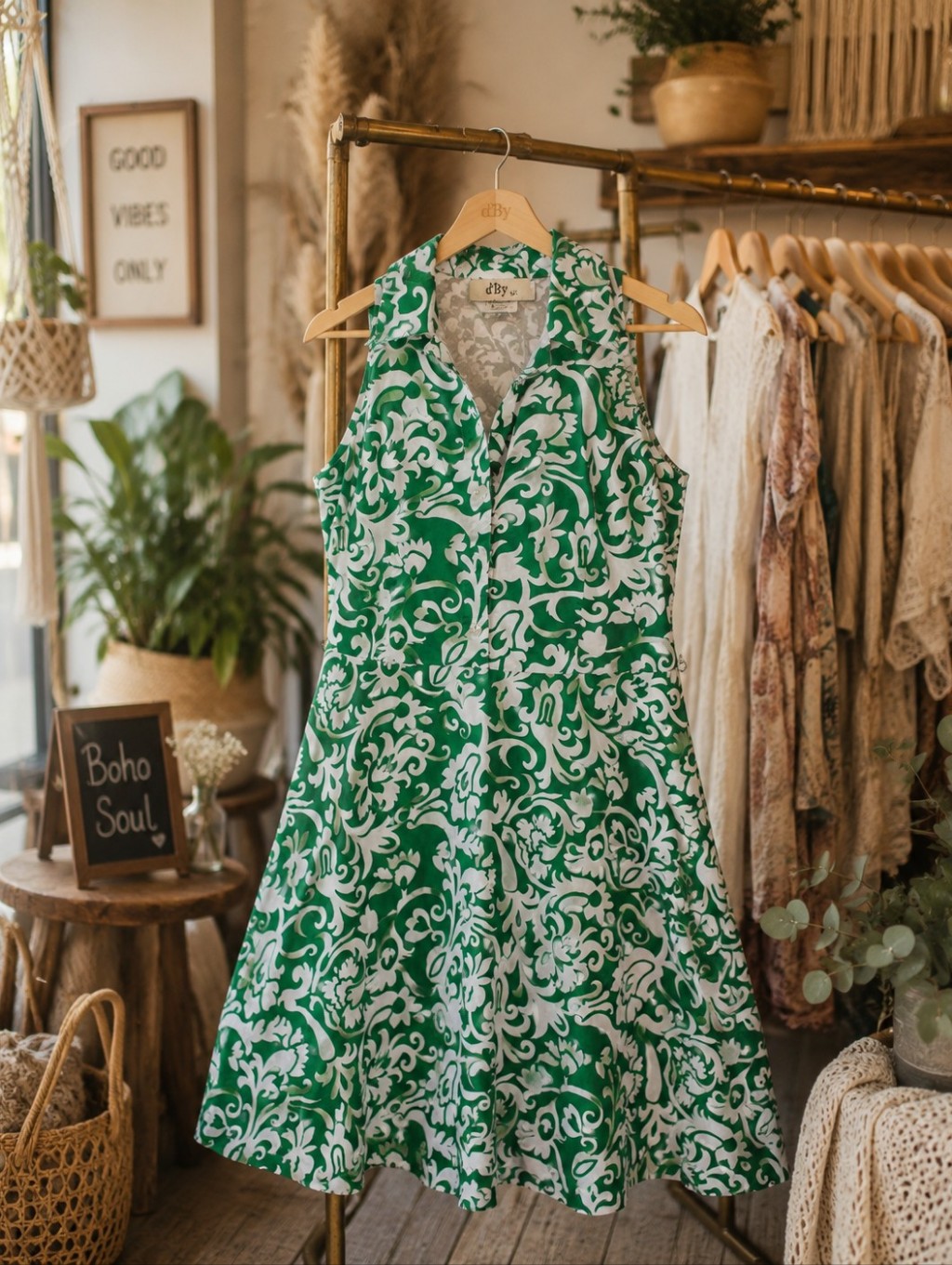 Sleeveless Green And White Floral A-Line Dress Size 10